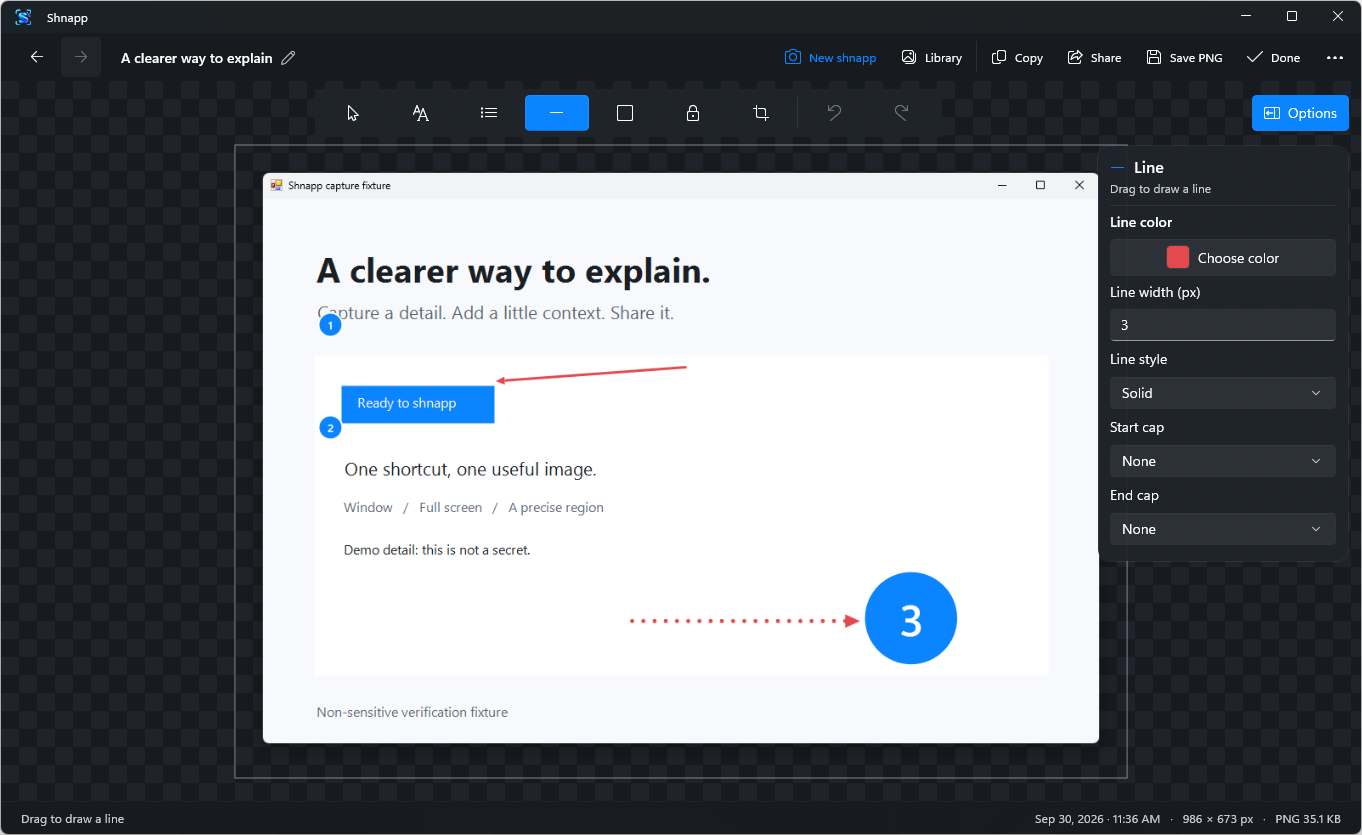 The Shnapp editor showing a captured image and contextual line options