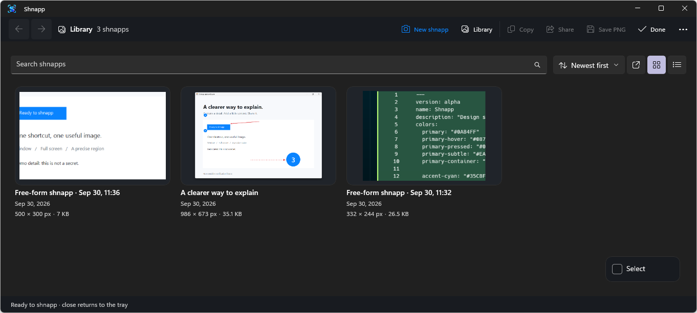 The Shnapp library showing saved screen captures, their metadata, search, and sorting